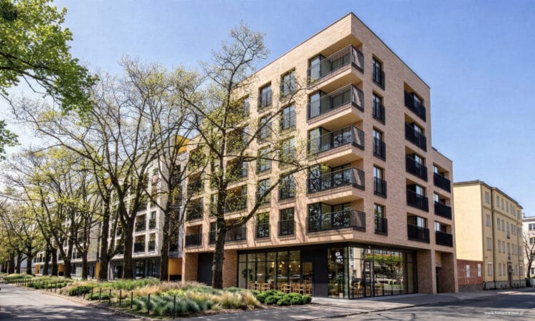 Apartamenty Dębowa w Łodzi, wizualizacja zespołu mieszkaniowo-usługowego, widok od ulicy z lokalami w parterze.