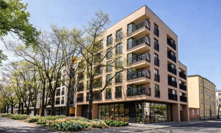 Apartamenty Dębowa w Łodzi, wizualizacja zespołu mieszkaniowo-usługowego, widok od ulicy z lokalami w parterze.