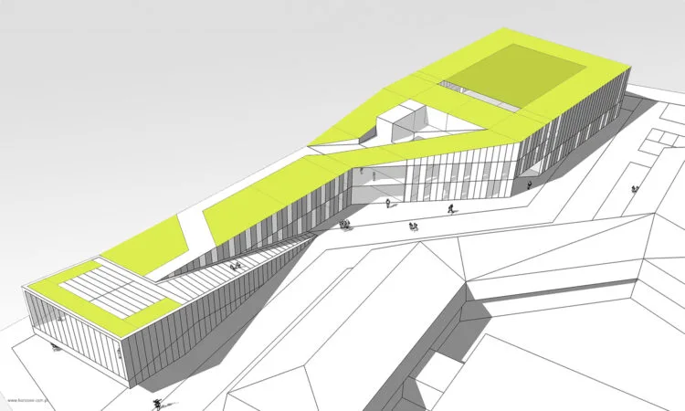 Koncepcja rozbudowy kampusu International School of Krakow w Lusinie, nowe skrzydło edukacyjno-sportowe z zielonym dachem.