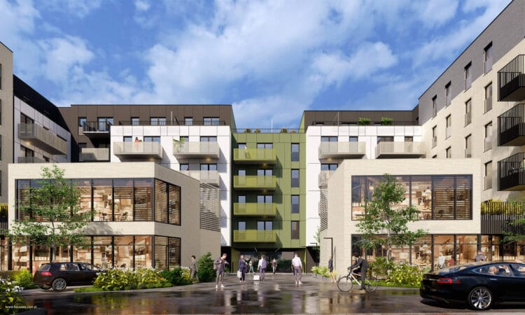 Zabudowa mieszkaniowa z usługami w parterze w Łodzi (ul. Brzozowa / Senatorska), widok ogólny budynku w kwartale miejskim.