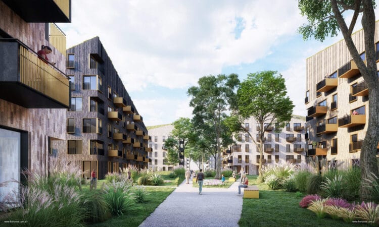 Osiedle EKOPARK Sosnowiecka w Krakowie, widok na zielony dziedziniec z alejkami i ławkami pomiędzy budynkami.