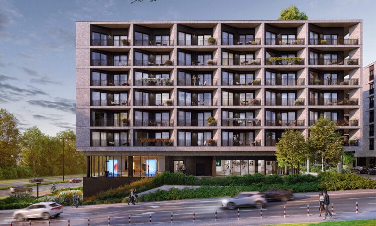 Wizualizacja zespołu mieszkaniowo-usługowego w Krakowie przy ul. Wielickiej, elewacja z balkonami i lokalami w parterze.