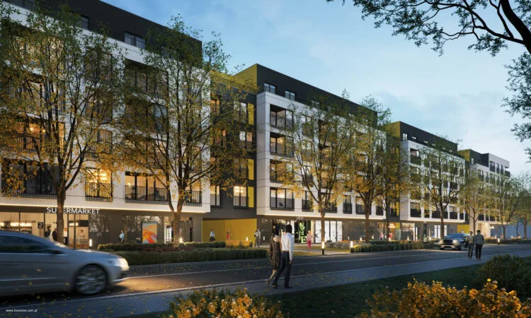 Apartamenty Dębowa w Łodzi, wizualizacja zespołu mieszkaniowo-usługowego, widok od ulicy z lokalami w parterze