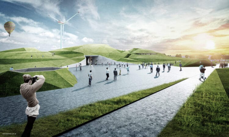 Małopolskie Centrum Nauki w Krakowie (Czyżyny), koncepcja budynku jako zielonych pagórków z dziedzińcem i przeszklonymi atriami