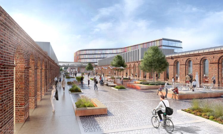 Textorial Park II w Łodzi, kompleks biurowo-usługowy na terenie poprzemysłowym, połączenie nowej architektury z ceglaną zabudową.