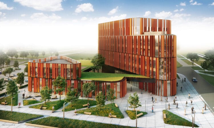 Biurowiec Epol Soft w Brześciu, koncepcja nowej siedziby firmy IT: bryła biurowa i parter z funkcjami usługowymi wokół dziedzińca.