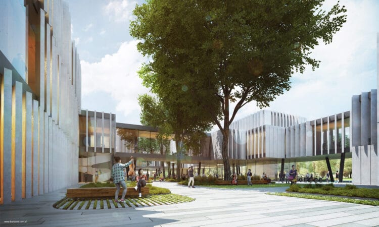 Kampus Akademii Muzycznej w Krakowie (Grzegórzki), koncepcja zielonego zespołu dydaktycznego z salą koncertową i placem wejściowym.