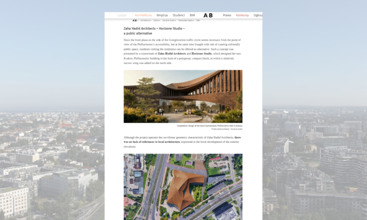 publikacja na stronie Architektura i Biznes o projekcie na Filharmonię w Krakowie