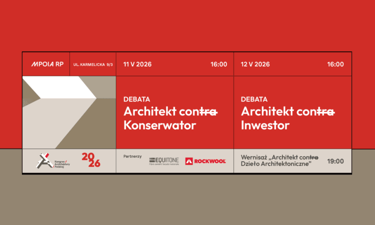 Plakat wydarzenia w ramach Kongresu Architektury Polskiej. Informacja o wydarzeniach w Krakowie.